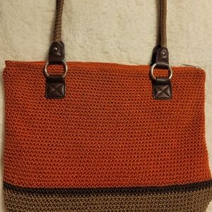Lina Crochet Purse, Orange With Brown Trim, Braided Shoulder Strap Bag, Large